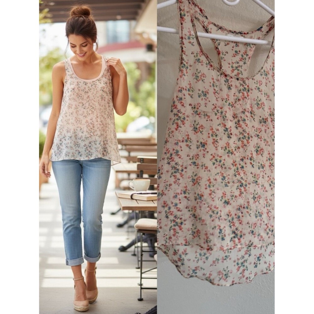 Aerie Floral Racerback Tank Top Sheer Hi-Low Boho Small